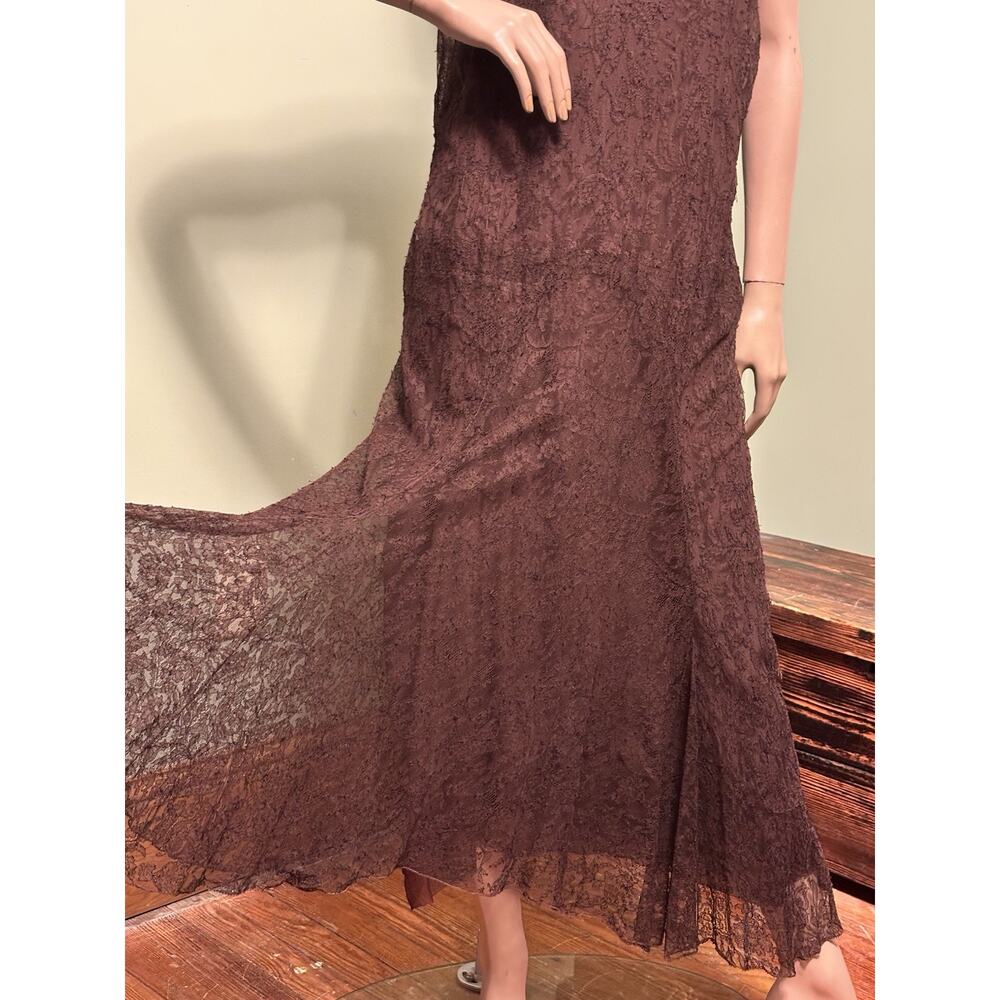 Vintage 1930s Brown Floral Lace Sleeveless Maxi GOWN w/Shawl and Full Silk Slip - Picture 4 of 8